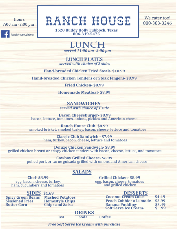 Ranch House Lunch Menu